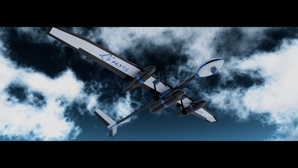 A rendering of the FlyH2 Dragonfly V commercial hydrogen-electric drone in flight.