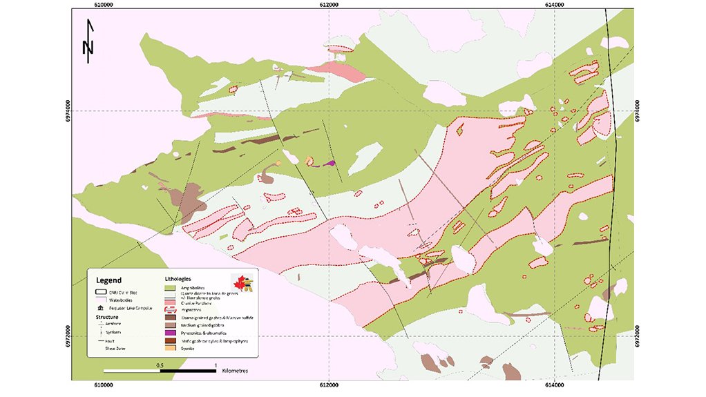 Figure 2: Local geology and occurrence of pegmatites (in pink) in the East Zone of the Ferguson Lake project