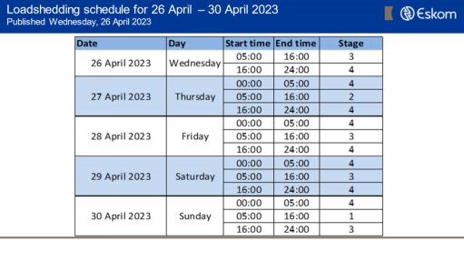 Eskom's planned loadshedding for April 26 to 30