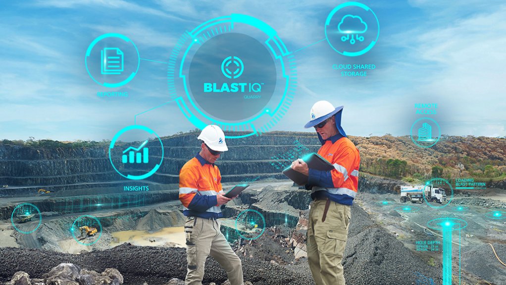 An image of two men holding tablets and standing near a quarry overlaid with graphic representations of BlastIQ's offering 