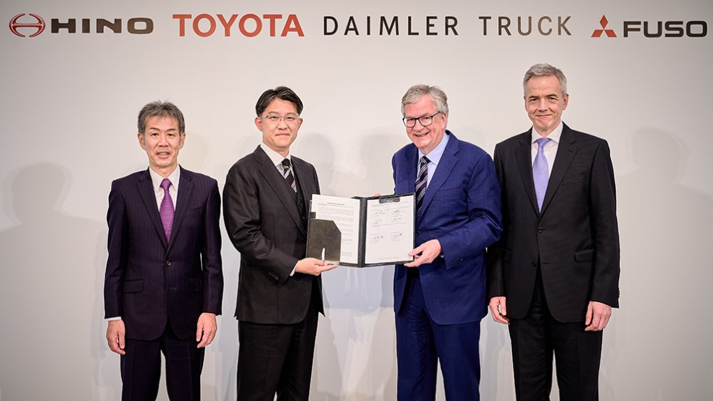 From left to right is Hino Motors CEO Satoshi Ogiso, Toyota Motor Corporation CEO Koji Sato, Daimler Truck CEO Martin Daum and Daimler Truck Asia CEO Karl Deppen