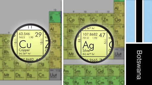 Image of Botswana flag and periodic table symbols for silver and copper