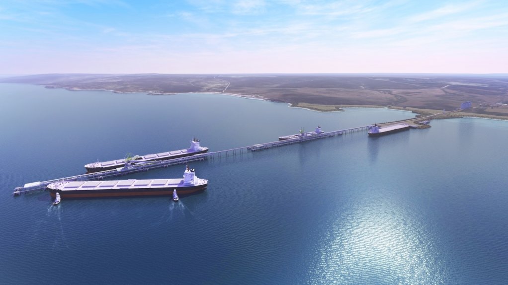 Artist's rendering of Handymax and Capesize Vessel docked at proposed port for loading.