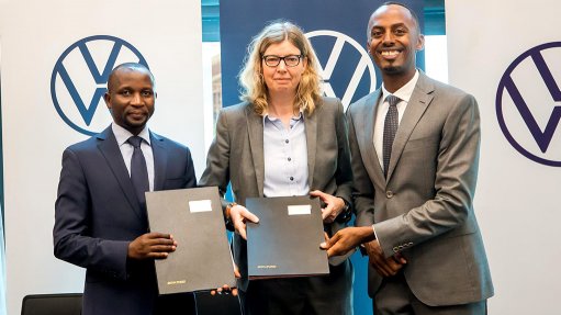 Rwanda Minister of Agriculture and Animal Resources Dr Ildephonse Musafiri, Volkswagen Image of Group South Africa MD Martina Biene, and  Volkswagen Mobility Solutions Rwanda CEO Serge Kamuhinda