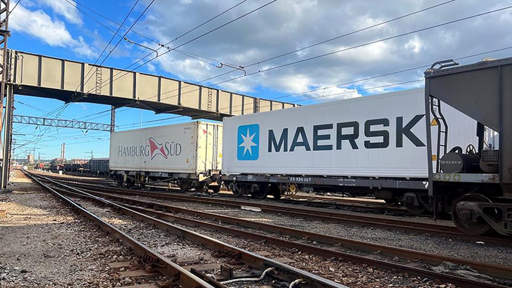 maersk shipping container on a train