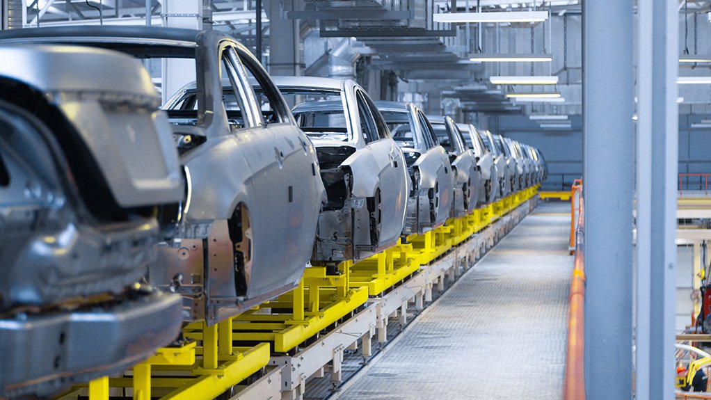 Automotive industry production line with car bodies