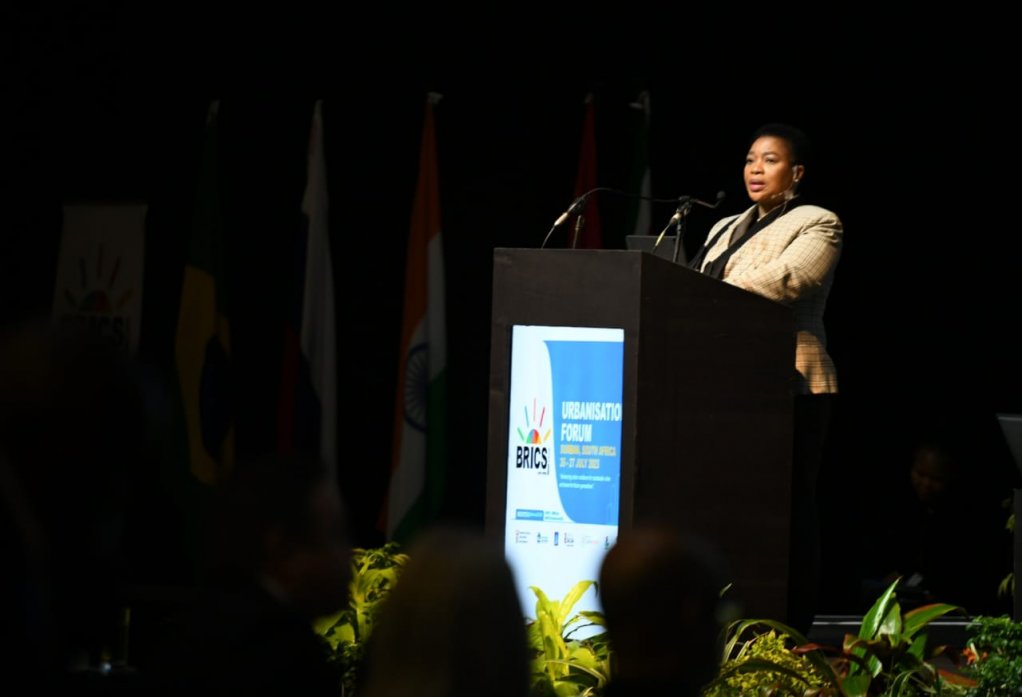 Image of KZN Premier Nomusa Dube-Ncube addressing during the BRICS Urbanisation Forum held in Durban  