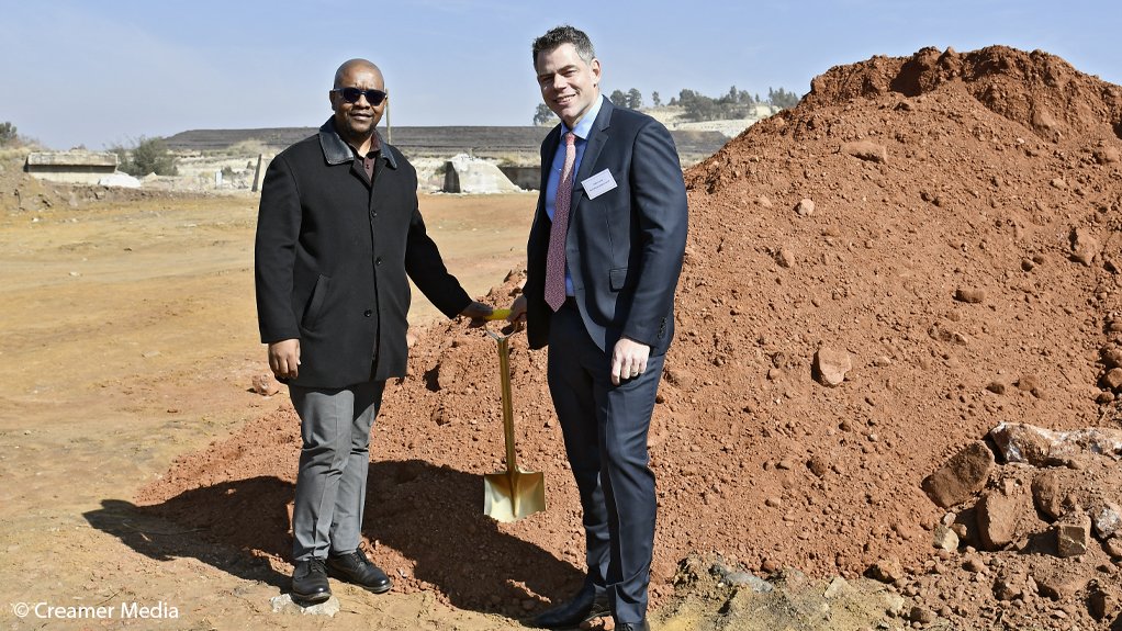 Department of Mineral Resources and Energy Regional Manager Siyabonga Vezi (left) and Pan African Resources CEO Cobus Loots at the official sod-turning ceremony for the construction of the R2.5-billion Mogale Tailings Retreatment project.