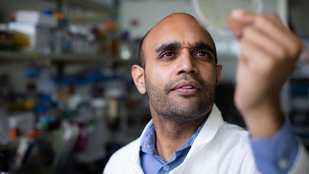 Image of a man in a lab coat holding a sample up