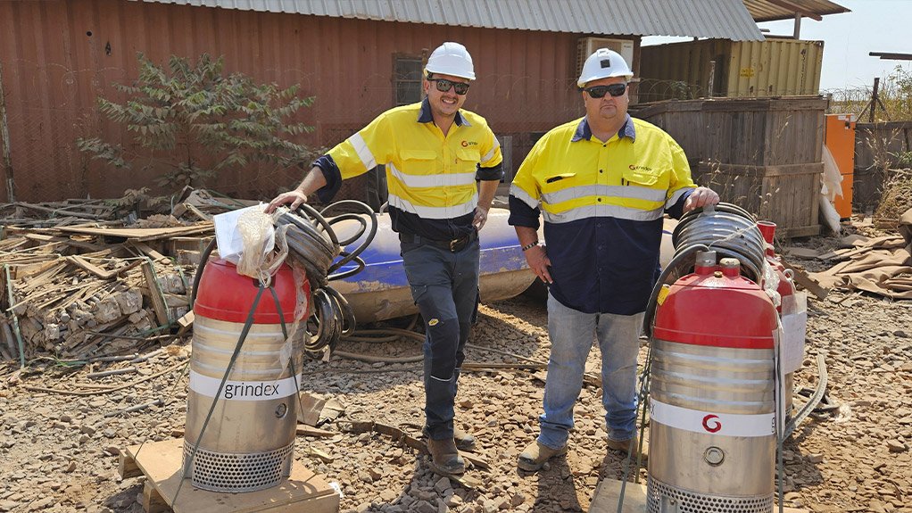 Jordan Marsh, managing director at Integrated Pump Technology, and Alfred Kelsey, sales manager at Integrated Pump Technology, on site with Grindex Maxi 37 kW dewatering pumps