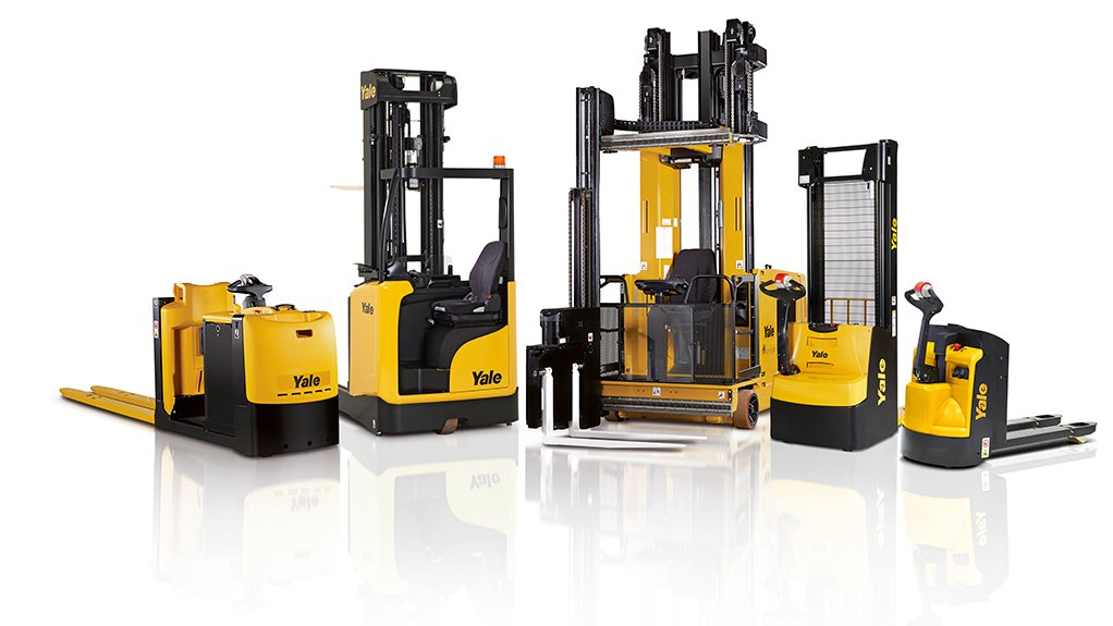 The yellow Yale lift truck range lined up on a white background