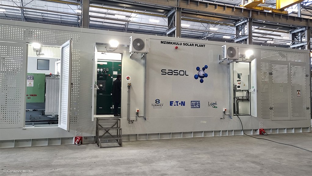 A solar alternating current (ac), low-voltage/medium-voltage, step-up skid or ‘E-House' on show at Turnkey modular's manufacturing site in Germiston