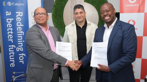Eskom interim CEO Cassim Calib, Vodacom Group CEO Shameel Joosub and Vodacom South Africa CEO Sitho Mdlalose