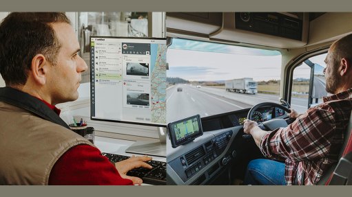 Image of a person looking at a computer screen and another image of a truck driver 
