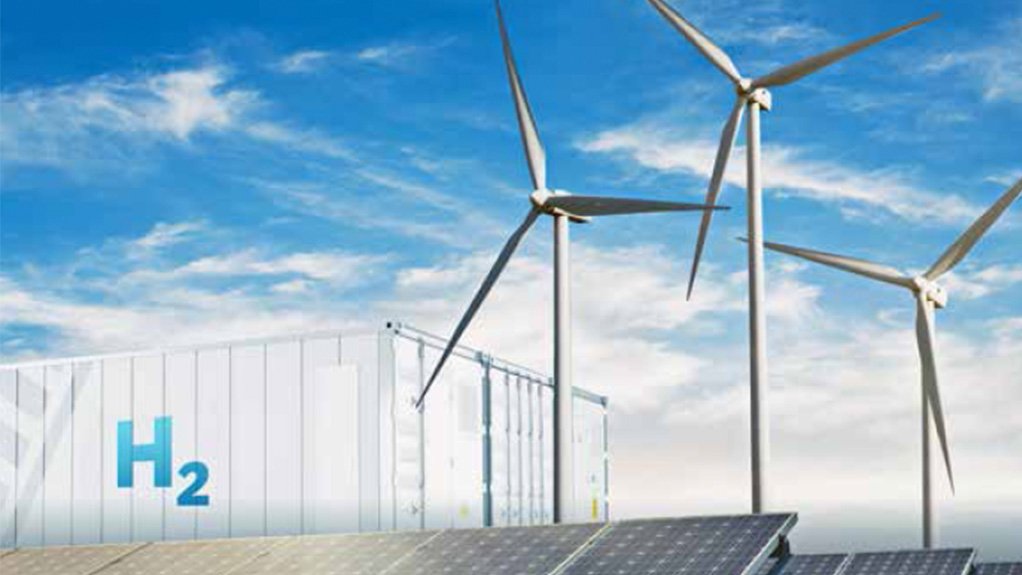 Image shows hydrogen container, wind turbines and solar panels 