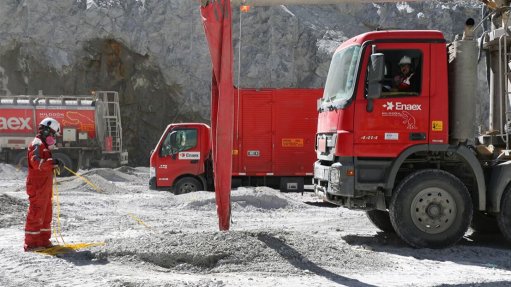 Enaex vehicles in operation at a mining site