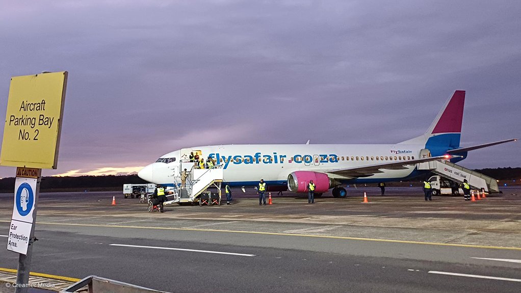 A FlySafair plane parked at the King Phalo airport in East London