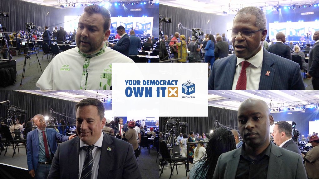 ActionSA's Michael Beaumont, IFP's Velenkosini Hlabisa, DA's John Steenhuisen and ATM's Vuyolwethu Zungula at the IEC Launch