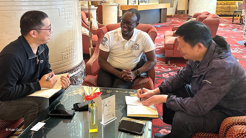 From left China Chemical Industry News reporter Li Dongzhou interviewing Nyanza COO Rob Mhishi with ECEC deputy marketing director  Xia Lungang looking on. (Photo Yuan Guifu).