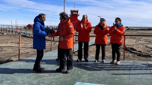 IAEA director-general Rafael Mariano Grossi (left) and Argentinian President Javier Milei (second left) at the Marambio Antarctic base