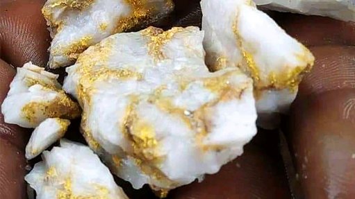Two hands holding an ore with gold flakes in it