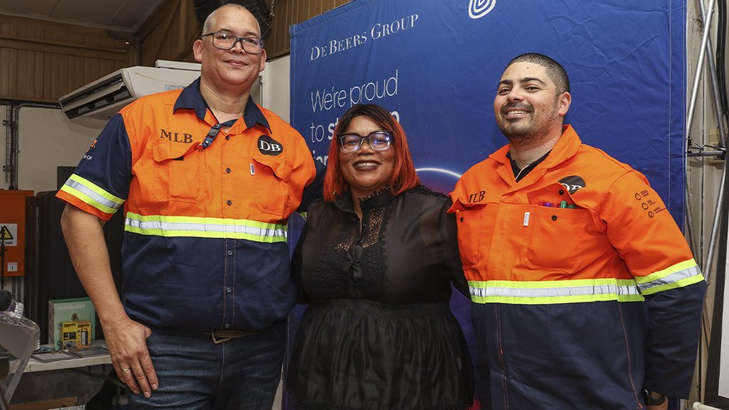 Venetia Mine Safety Team Leaders pose at the company’s annual Global Safety Day; from left Thomas van Wyk, Safety Manager, Pheonah Salani, Safety Assurance Specialist and Peter Wells, Chief Safety Officer at De Beers Venetia