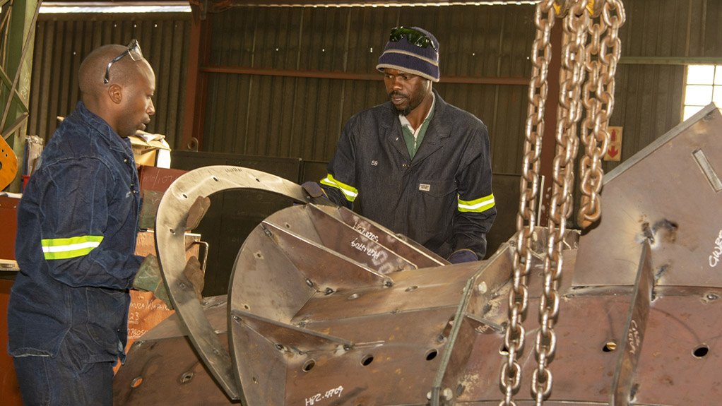 A SAG mill feed chute being fabricated at Weba Chute Systems’ factory in Germiston