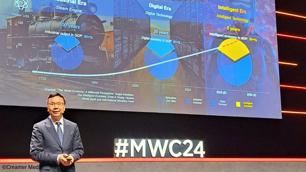 Huawei board member and ICT products and solutions president Yang Chaobin speaking at Mobile World Congress 2024