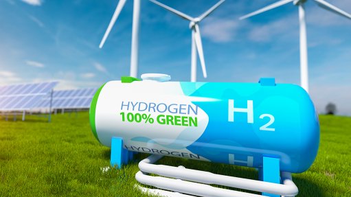 Green Hydrogen tank, wind turbines and solar panels