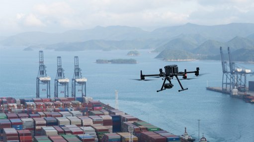 Drone flying over a port