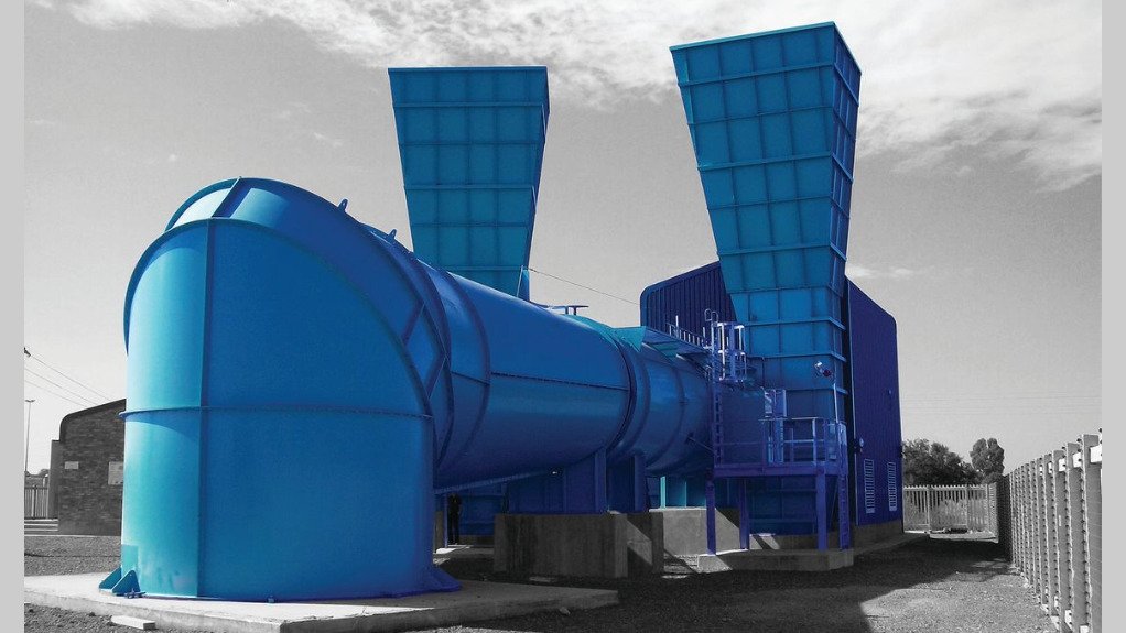A large blue mining ventilation system designed and manufactured by TLT Turbo Africa