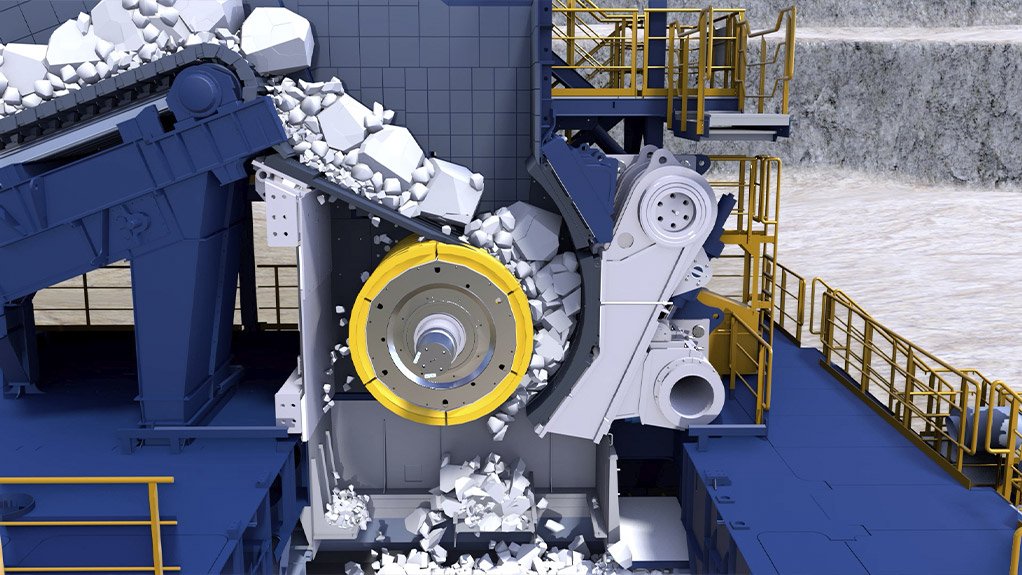 Cutaway of low profile ERC® primary crusher showing the apron feeder