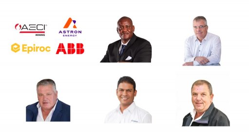 Panellists who participated in the webinar are (from left) Mining Equipment Manufacturers of South Africa CEO Lehlohonolo Molloyi, Multotec CEO Thomas Holtz, Simera Trace technical director Kevin O'Neill, Epiroc digital solutions buisness line manager Vikesh Chiba and South African Capital Equipment Export Council CEO Eric Bruggeman.