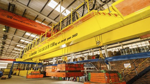 Saiccor Mill’s 12,5/25/12,5 ton overhead travelling crane under factory load test before delivery
