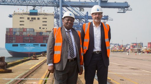 High Commissioner Jeremiah Nyamane Mamabolo (left) and Honorary Consul Bassim Haidar (right) in the East of England port of Felixstowe