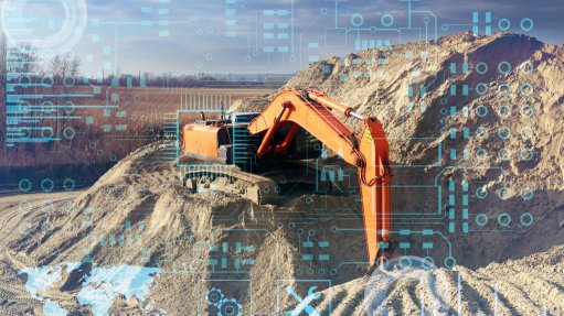 An excavator with digital technology symbols overlayed