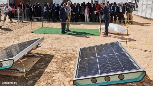 Belgium's King Philippe and Namibian President Ngangolo Mbumba on a site visit at the Cleanenergy Solutions green hydrogen project in Namibia