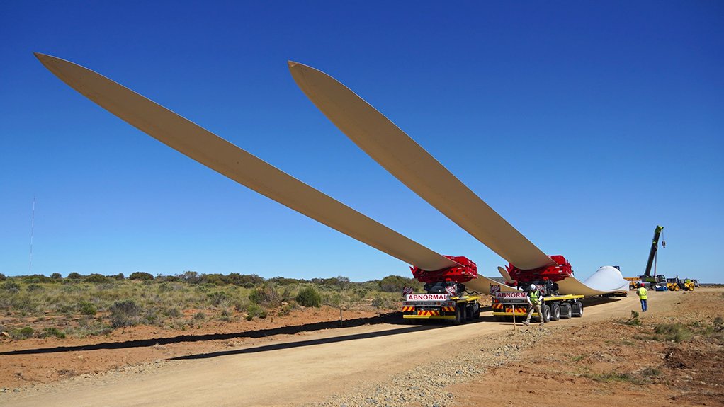 Wind turbine blades being transported