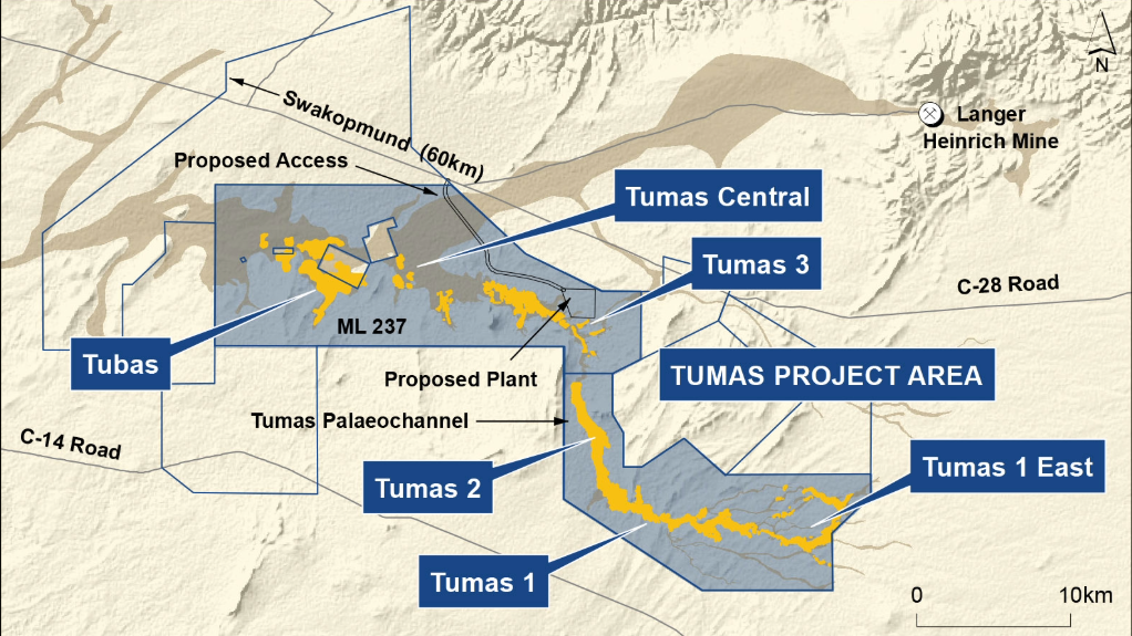 Location map of the Tumas uranium project deposits