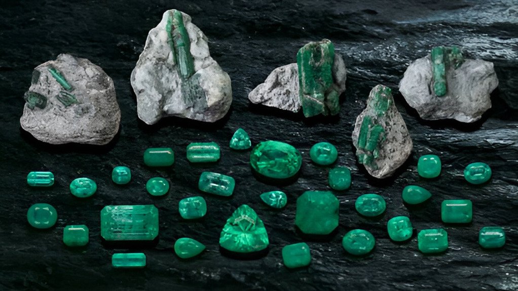 Emeralds in matrix and various cut gemstones from the Curlew mine