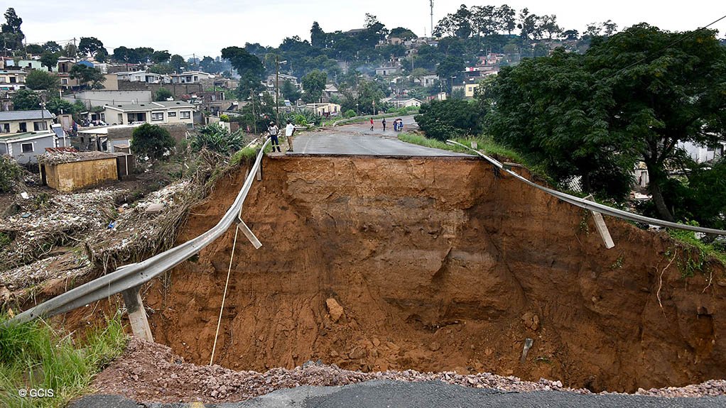 A portion of road washed away during the 2022 floods in KwaZulu-Natal
