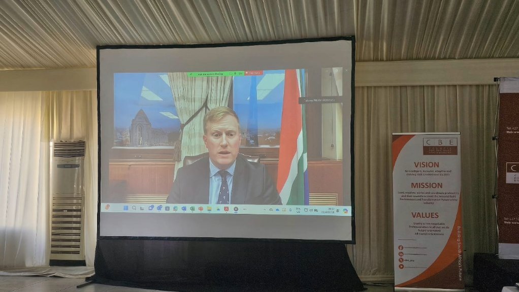 An image of c Works and Infrastructure Minister Dean Macpherson delivering a speech virtually at the CBE's engagement 