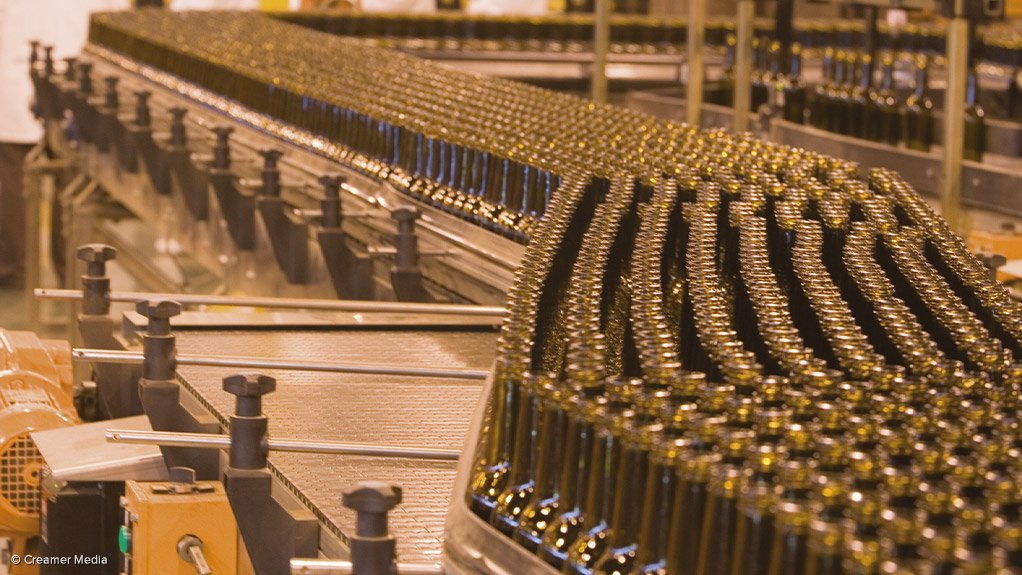 Glass bottles on the manufacturing line