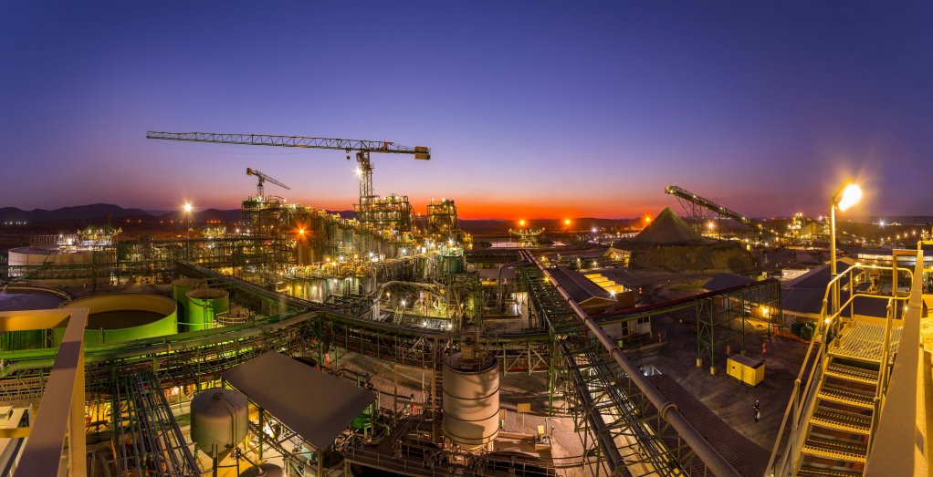 A photo of the Tharisa mine situated on South Africa’s western limb of the Bushveld Complex, in the Northern Cape at dusk  