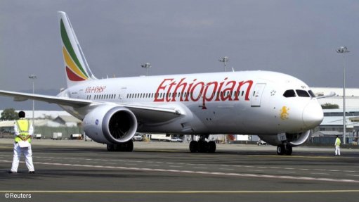 An Ethiopian Airlines aeroplane at an airport in Addis Ababa