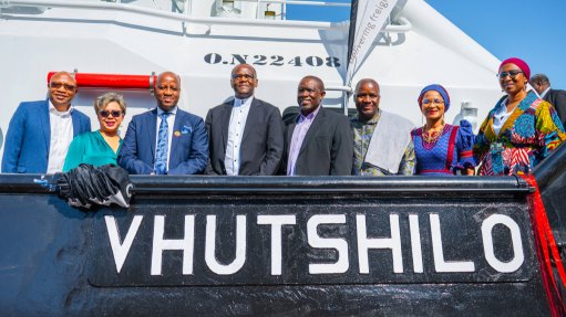 Among attendees at the TNPA tug Ccristening ceremony were (from left) TNPA chairperson Tshokolo Nchocho,;Transnet CEO Michelle Phillips; KwaZulu-Natal Premier Arthur Thamsanqa Ntuli; Transnet chairperson Andile Sangqu; Transnet COO Lekau Letsaolo; eThekwini municipality economic development, tourism and environment affairs chairperson Thembubuhle Ntuli; TNPA acting CE Phyllis Difeto; and Damen Shipyards Cape Town director Sefale Montsi