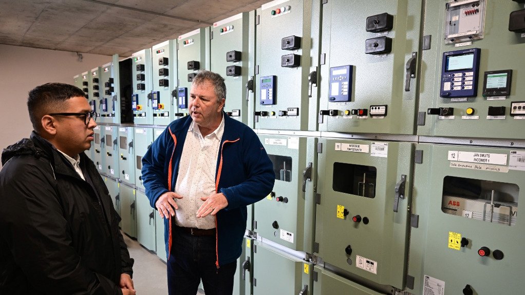 Image of Mayoral Committee Member for Water and Sanitation Councillor Zahid Badroodien with project manager Anton Le Roux at the recently-installed Main Medium Voltage Incomer