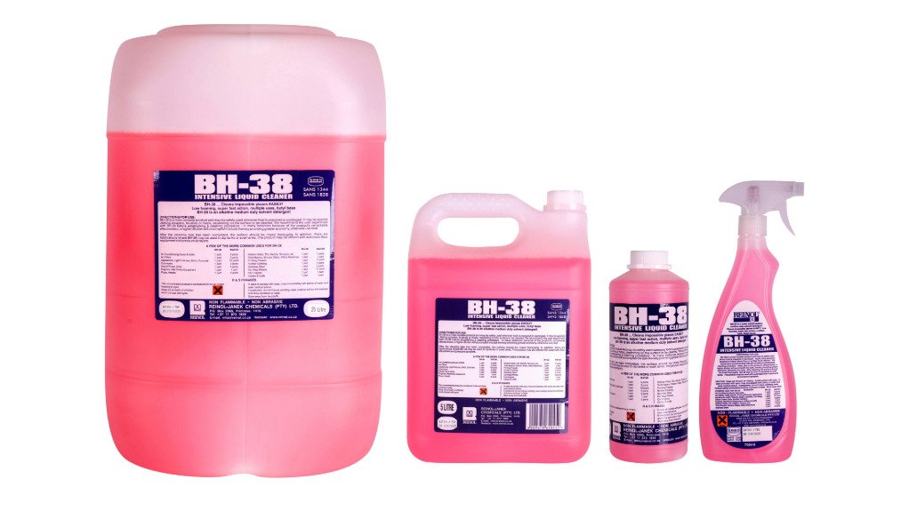 A range fo containers holding the heavy-duty industrial and commercial butyl-based detergent BH-38