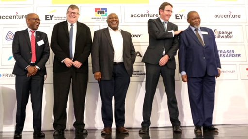 Business Unity South Africa president Mxolisi Mgojo, Harmony CEO and executive director Peter Steenkamp, Tronox director Sipho Nkosi, Southern Palladium chairperson and World Platinum Investment Council founding chairperson Roger Baxter, and Mineral and Petroleum Resources Minister Gwede Mantashe