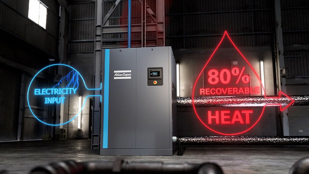 Image of an air compressor and graphics to show Atlas Copco energy recovery systems enable the re-use of thermal energy